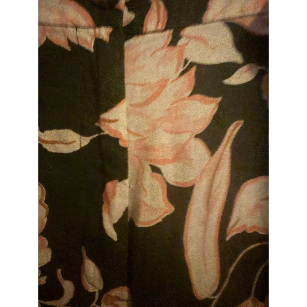 Mango MNG Floral Linen Blend Tapered Pants Green Peach XL High Waist Trousers